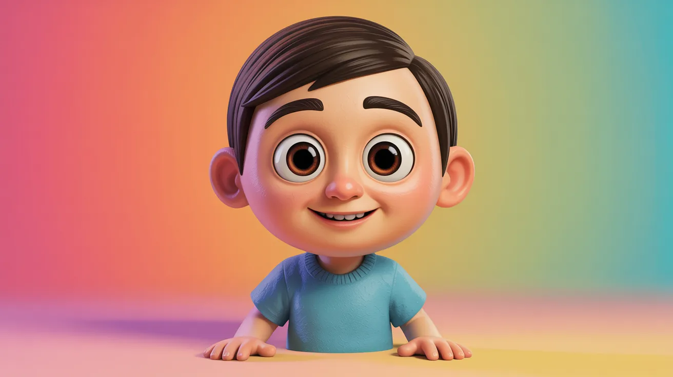 Cartoon boy with large eyes and a cheerful smile, conveying a sense of joy and playfulness.