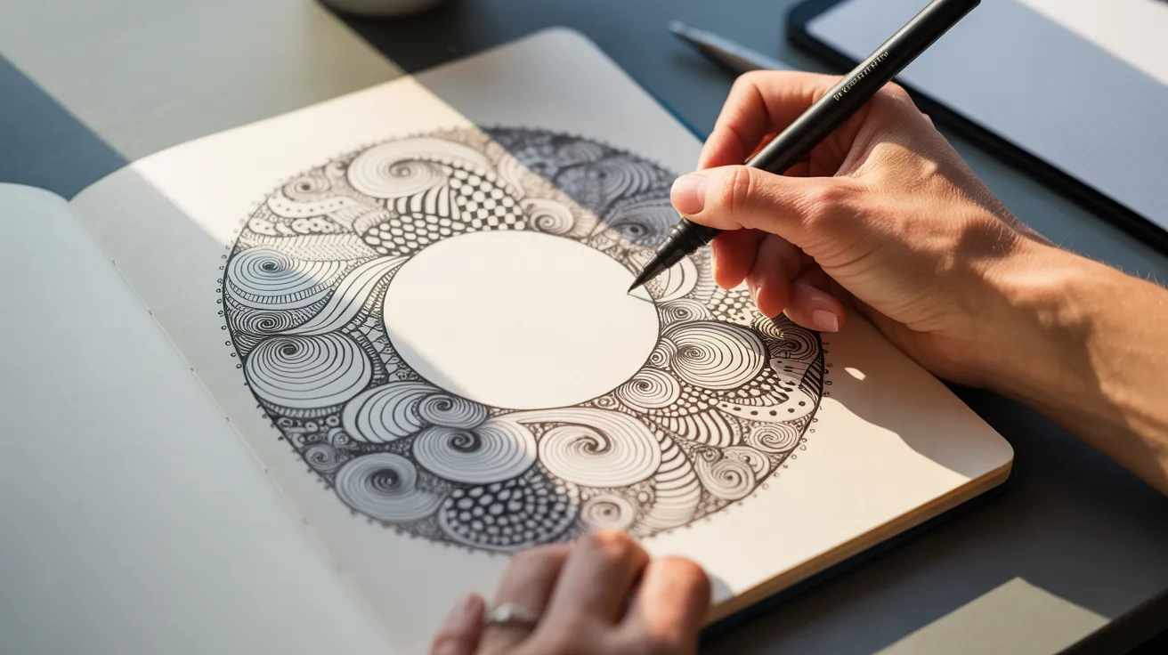 A person is engaged in drawing on a notebook with a pen, showcasing their creativity.