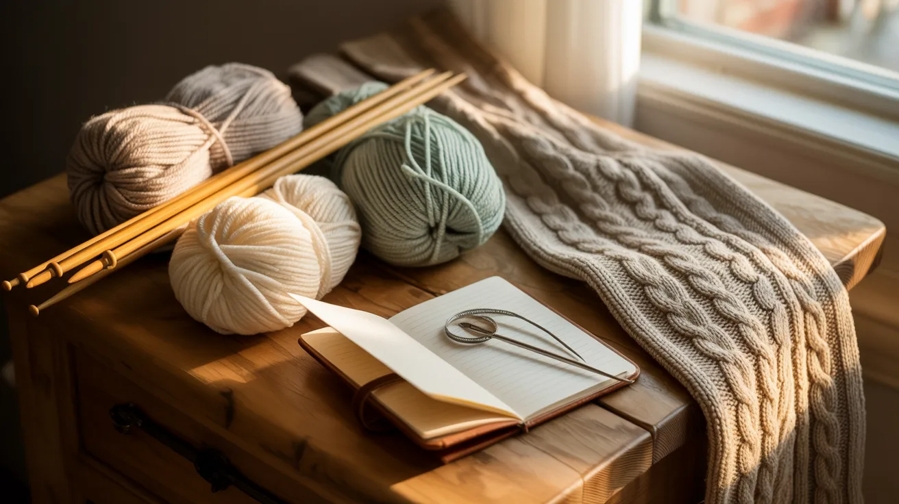 A knitting kit with needles and a book displayed on a wooden table, showcasing tools for knitting enthusiasts.