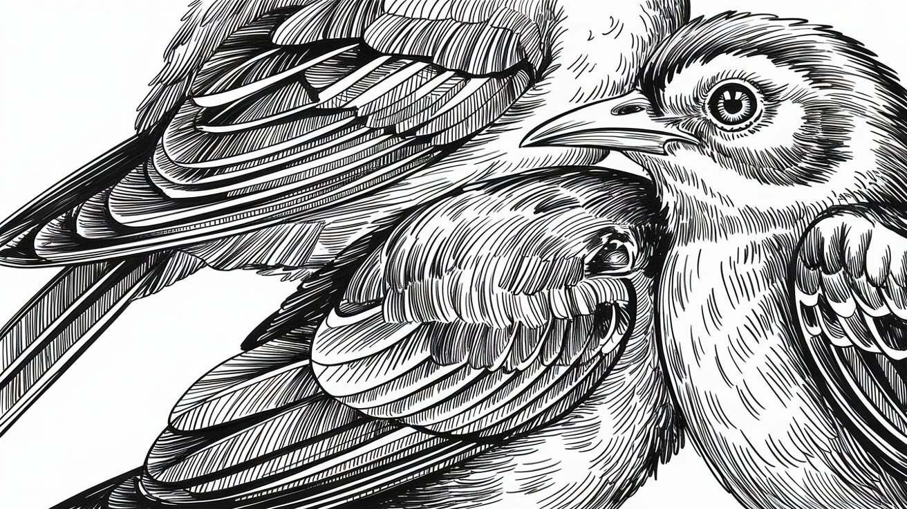 A drawing of two birds perched on top of each other, showcasing their colorful feathers and playful interaction.