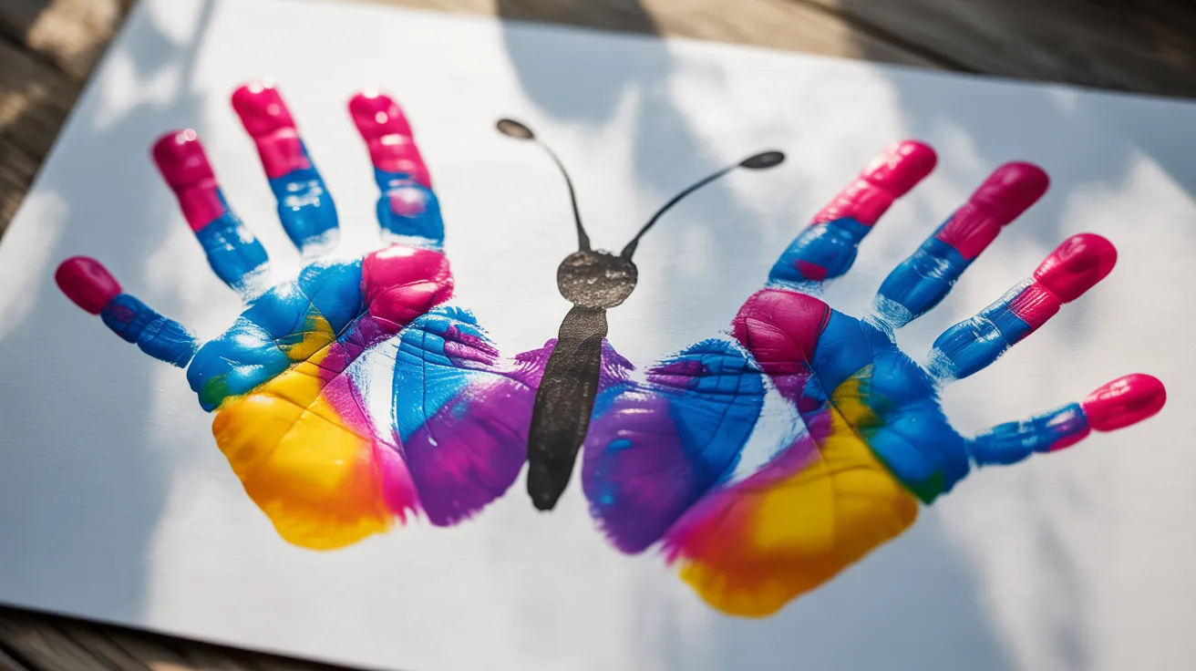 vibrant butterfly created from colorful handprints, showcasing a playful and artistic use of paint.