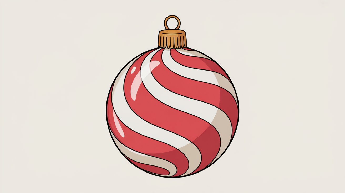 A red and white Christmas ball featuring a prominent white stripe around its circumference.