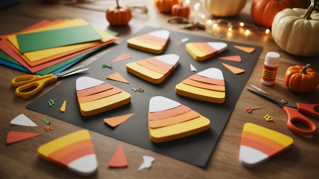 A table displaying colorful paper cut-out candy corn arranged in a festive pattern for Halloween decoration.