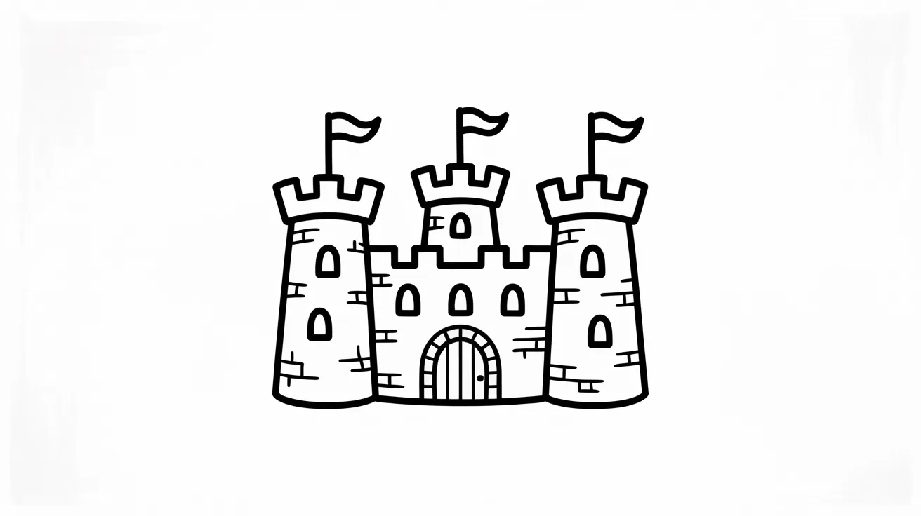 Black and white castle icon featuring turrets and a flag atop the structure.