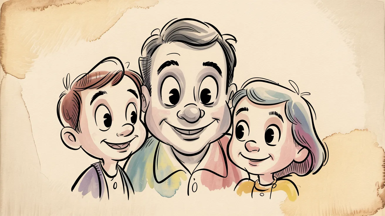 Cartoon drawing of a family with two children, smiling together in a cheerful outdoor setting.