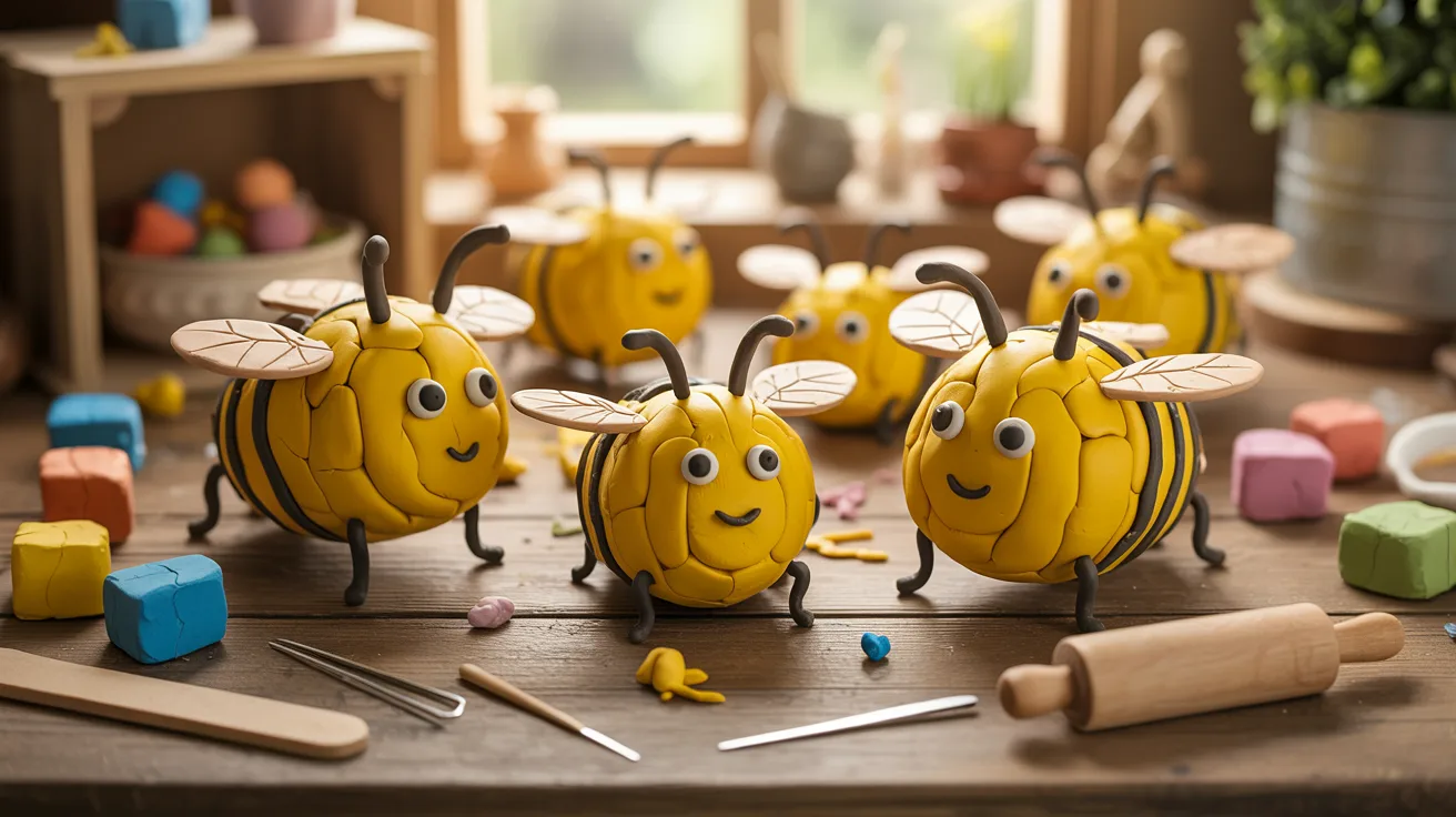 A group of yellow bees resting on a wooden table, showcasing their vibrant color and intricate details.