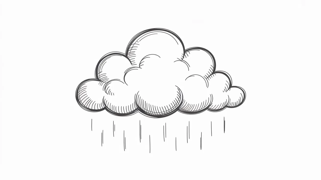 A drawing of a fluffy cloud with rain droplets falling from it, depicting a rainy weather scene.