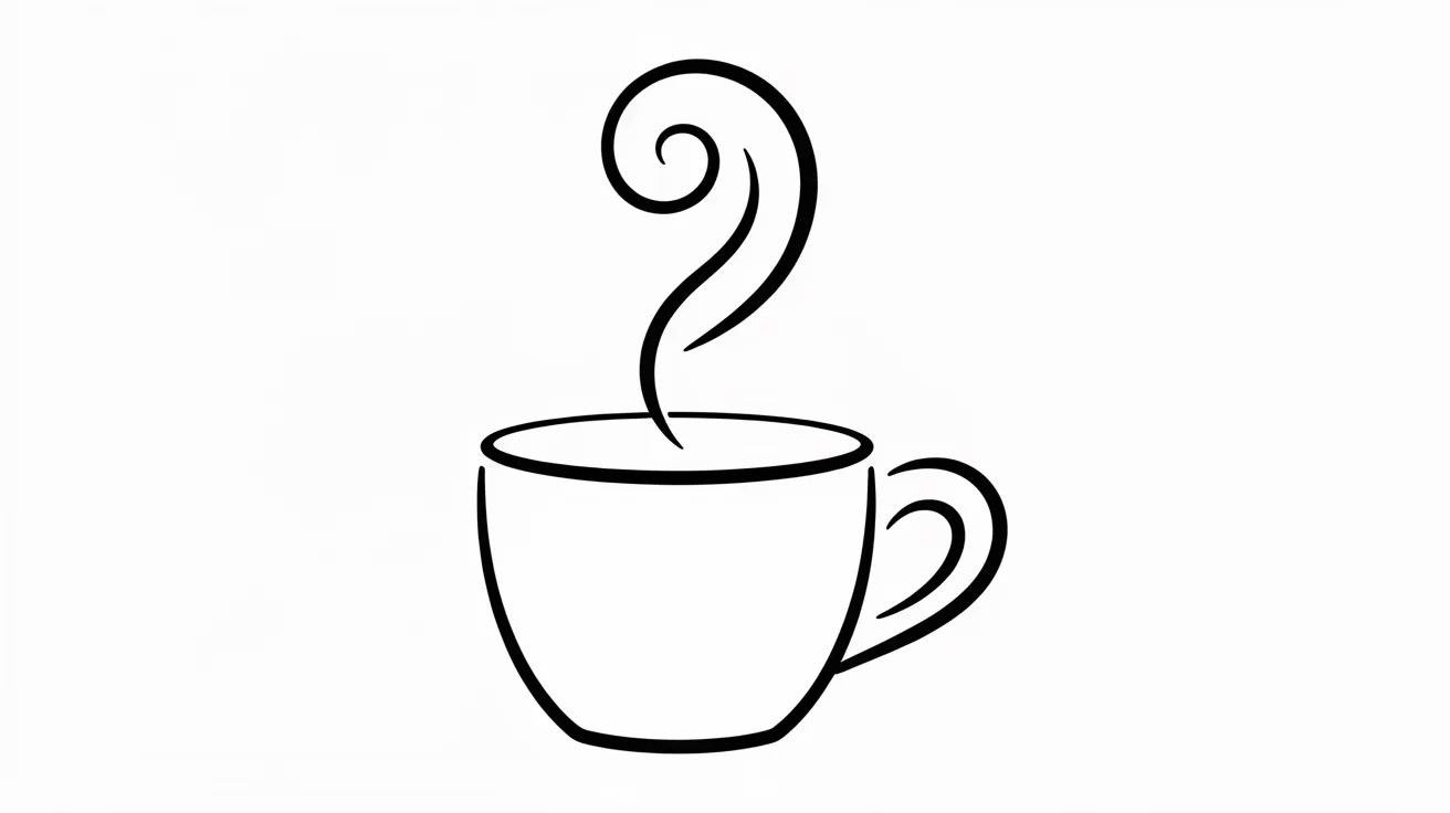 Black and white drawing of a steaming cup of coffee on a saucer, showcasing intricate details and shading.