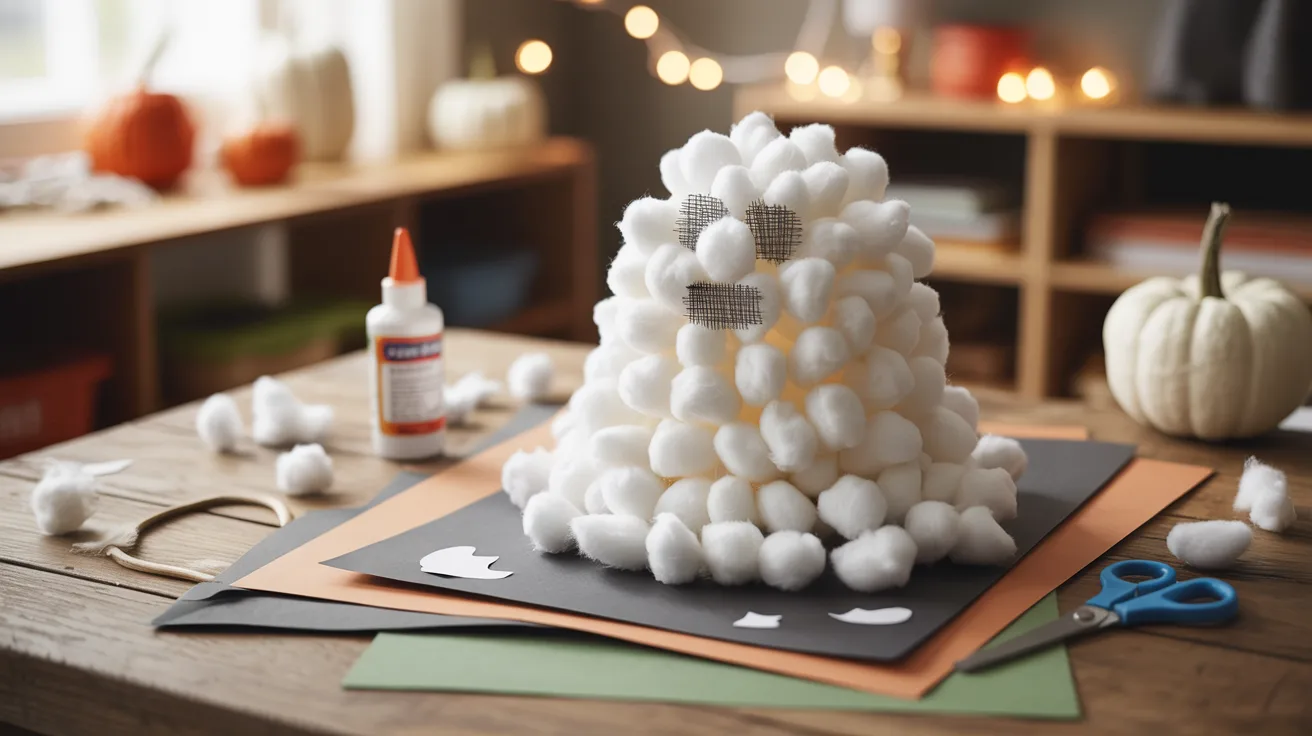A Halloween decoration crafted from cotton balls, resembling a ghost with a playful expression.