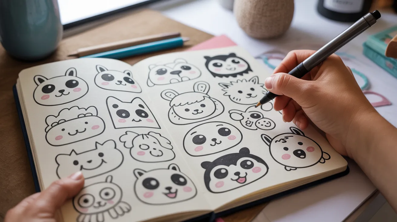 A person is creating art in a notebook that displays a collection of animal images.