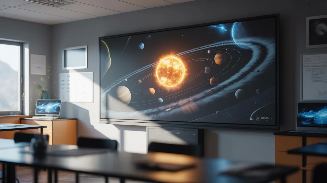 A classroom featuring a large screen displaying a detailed image of a planet, with desks arranged for students.