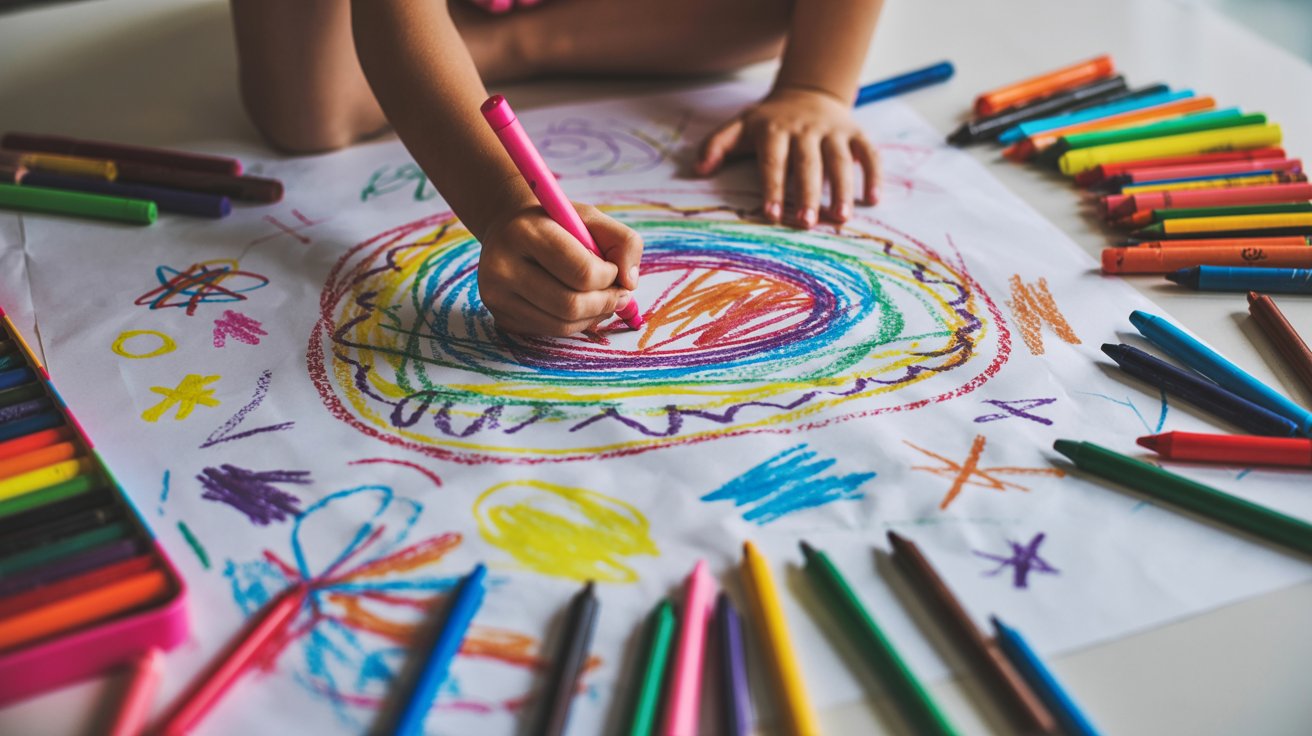 A child is engaged in drawing with colored markers on a blank sheet of paper.
