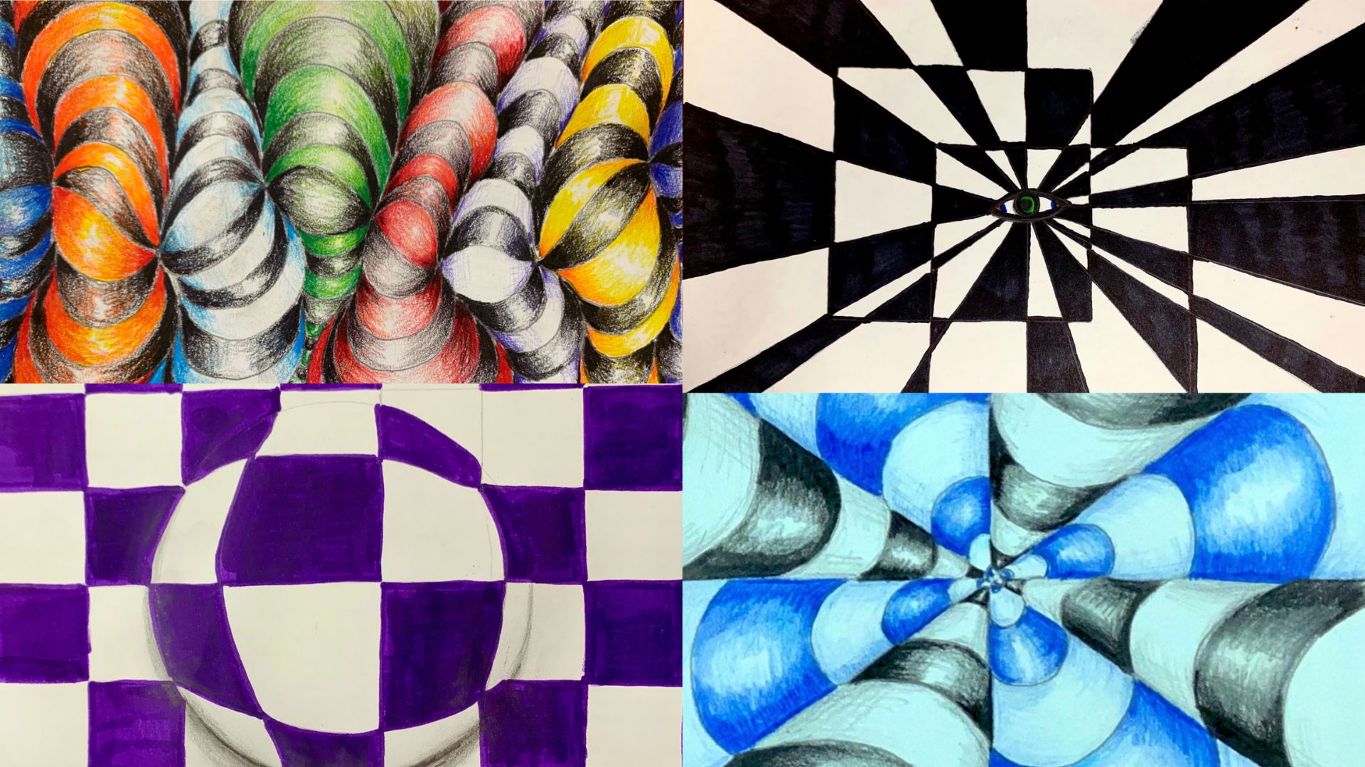 Four circles and squares in various colors and patterns arranged in a visually striking composition.