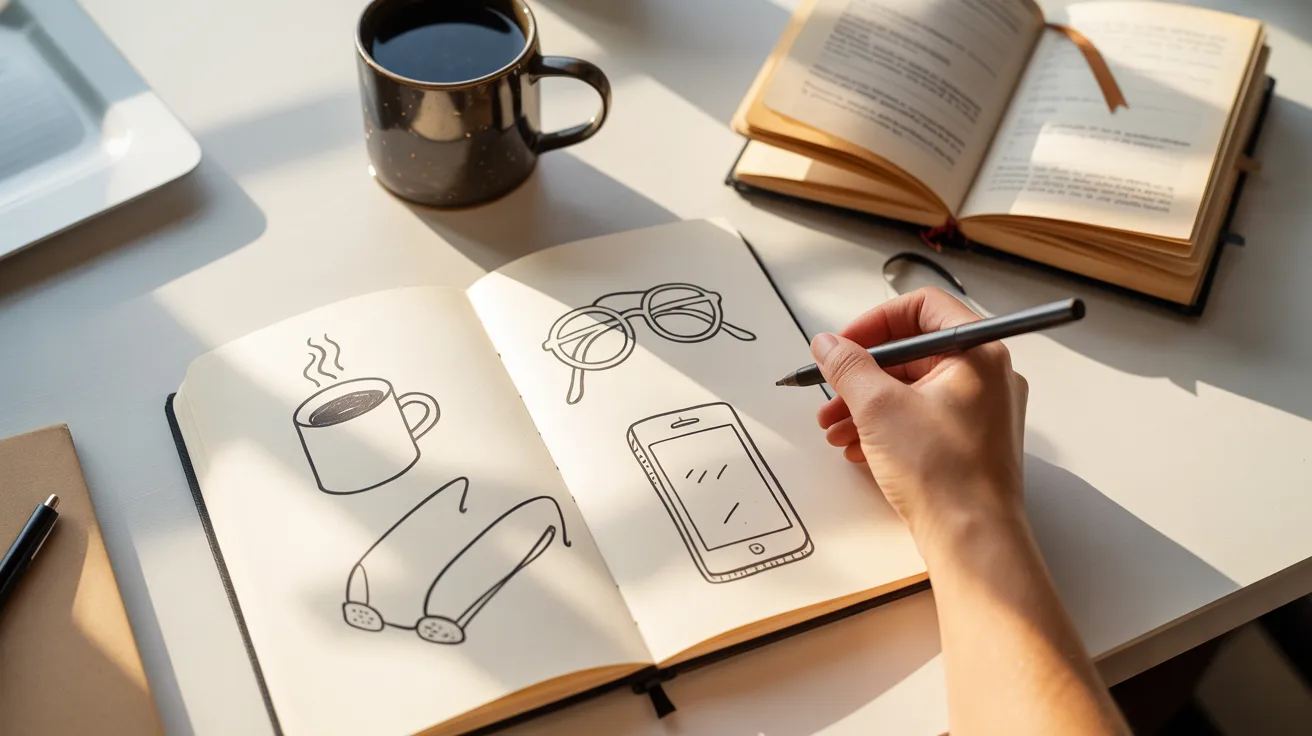 A person sketches in a notebook beside a coffee cup and a phone, creating a cozy workspace atmosphere.