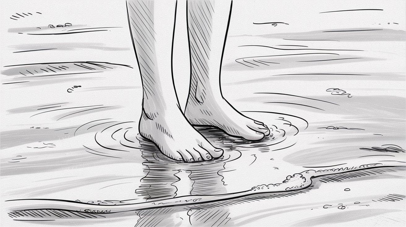 A drawing of a person standing in shallow water, with gentle waves lapping around their legs.