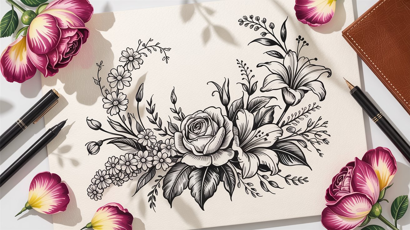 A drawing of colorful flowers alongside a pen resting on a blank piece of paper.