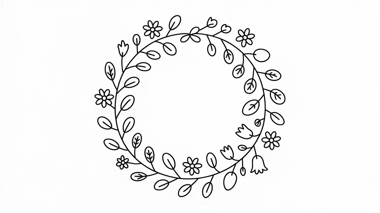 A drawing of a floral wreath adorned with colorful flowers and lush green leaves.
