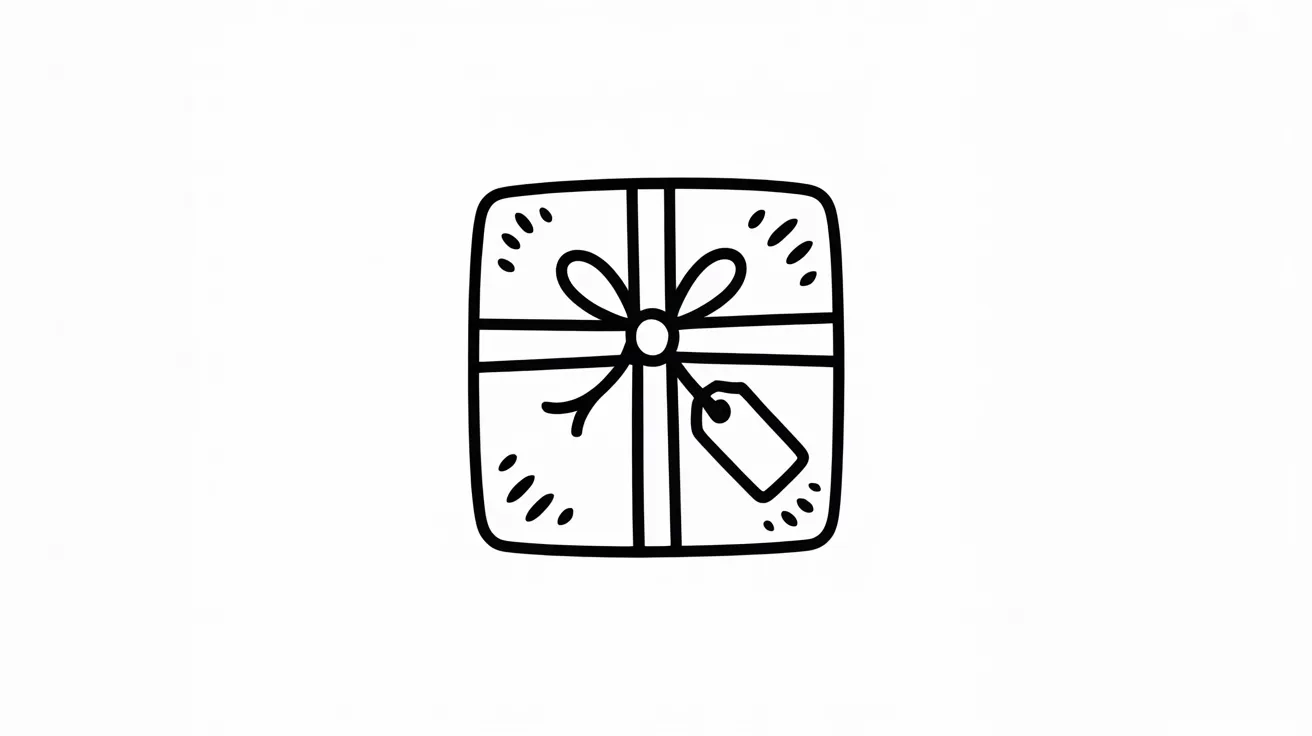 A black and white illustration of a gift box, featuring a ribbon and bow on top.