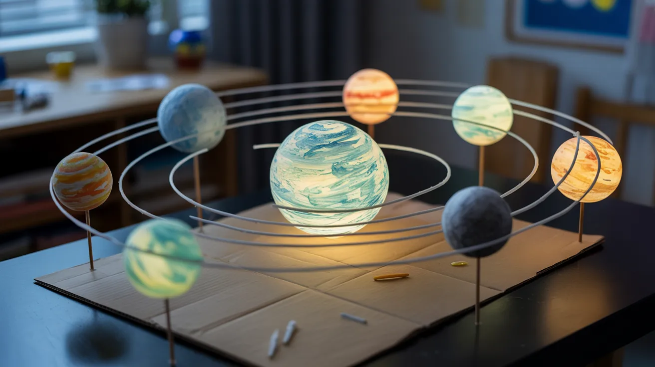A detailed model of the solar system displayed on a table, showcasing planets and their orbits in a colorful arrangement.