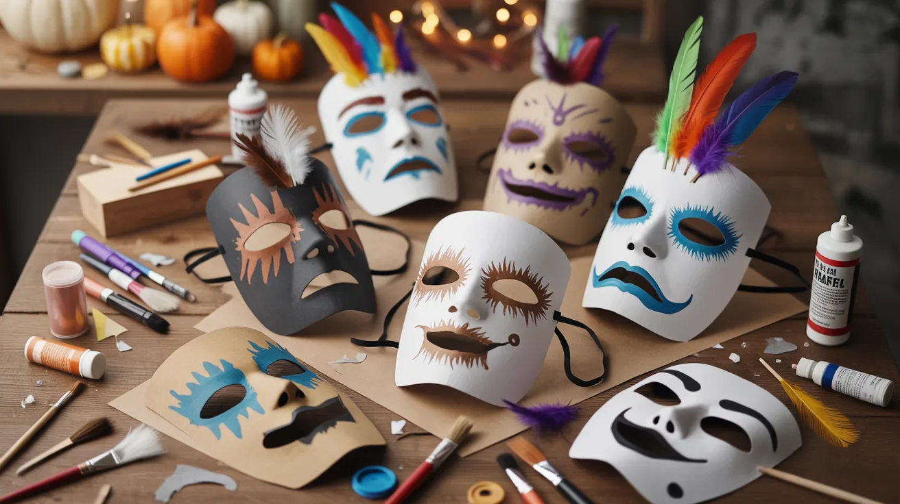 A table displays colorful Halloween masks alongside various craft supplies like glue, scissors, and decorative items.