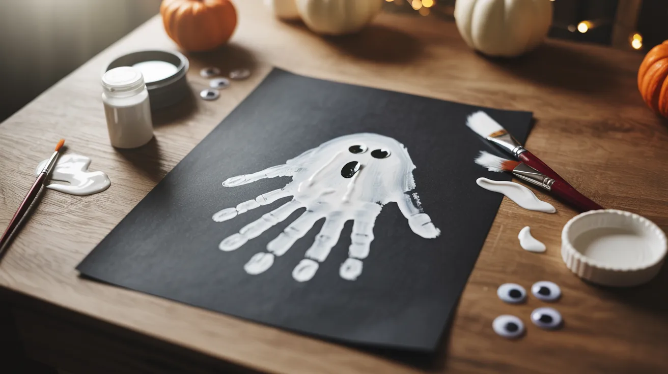 A handprint ghost on a table surrounded by a pumpkin and various Halloween decorations.