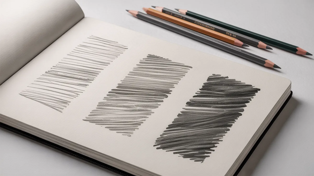 A sketchbook with a pen and several colored pencils resting on top, ready for drawing or note-taking.
g
