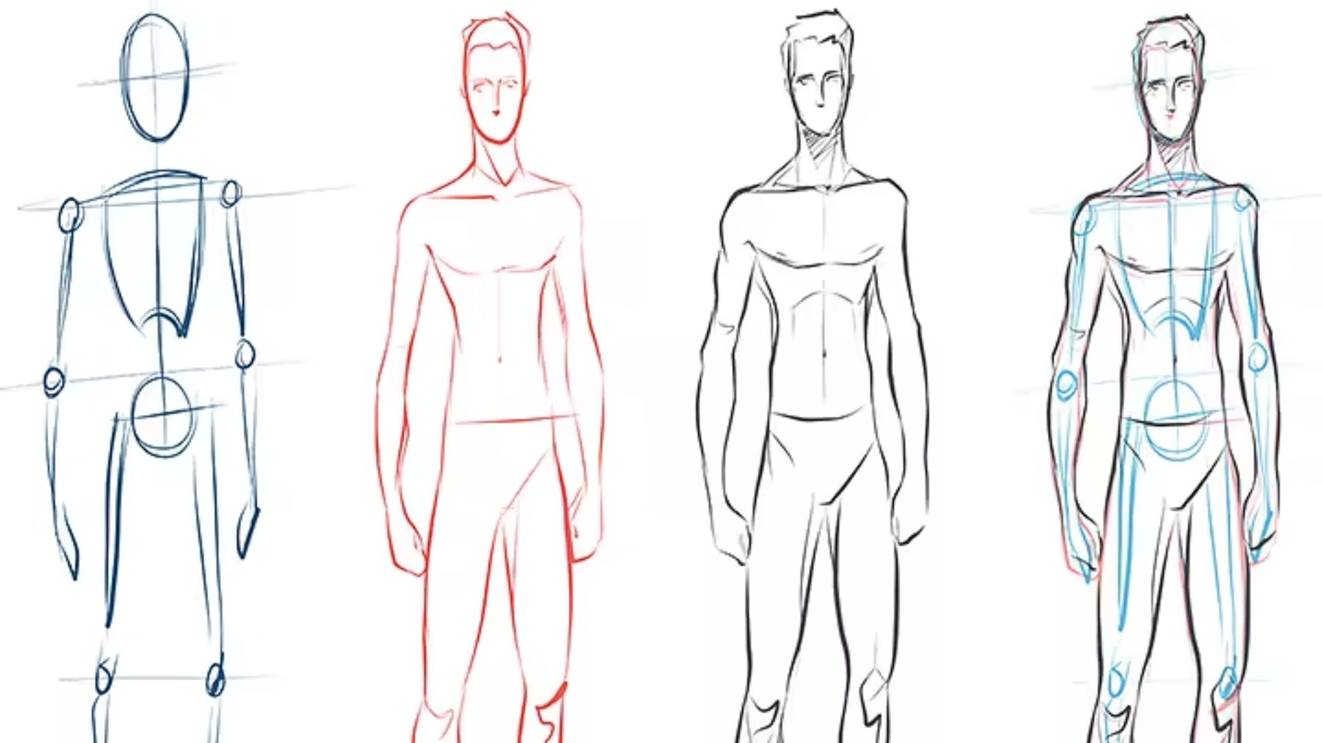 Illustration showing various poses for drawing a male body, highlighting anatomy and movement dynamics.
