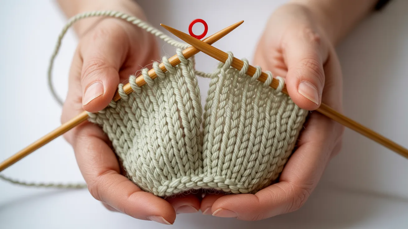 person holds knitting needles while working on a green sock, showcasing their crafting skills and creativity.