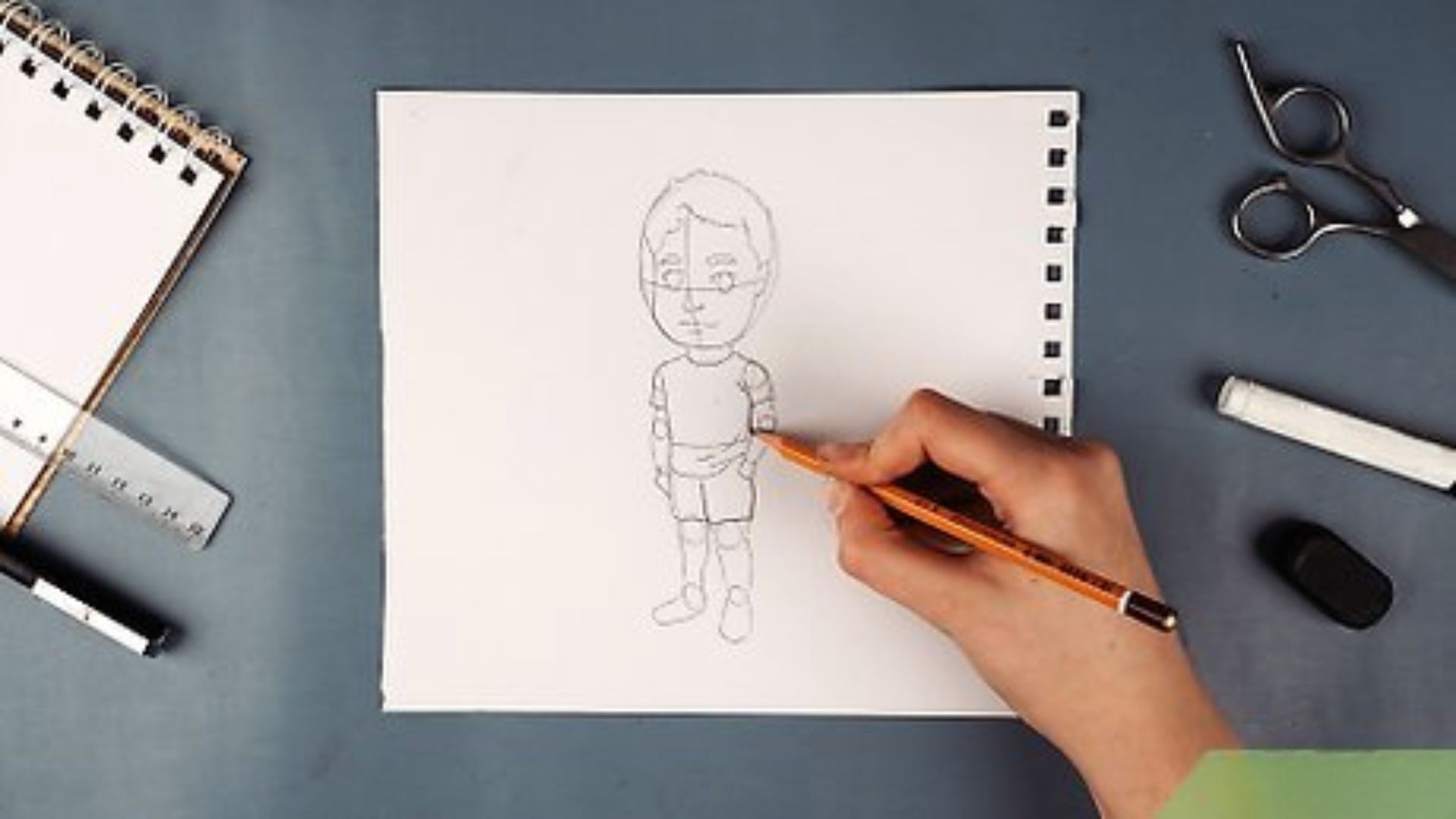 Step 5 of drawing a cartoon character, showing detailed instructions and visual elements for completion.