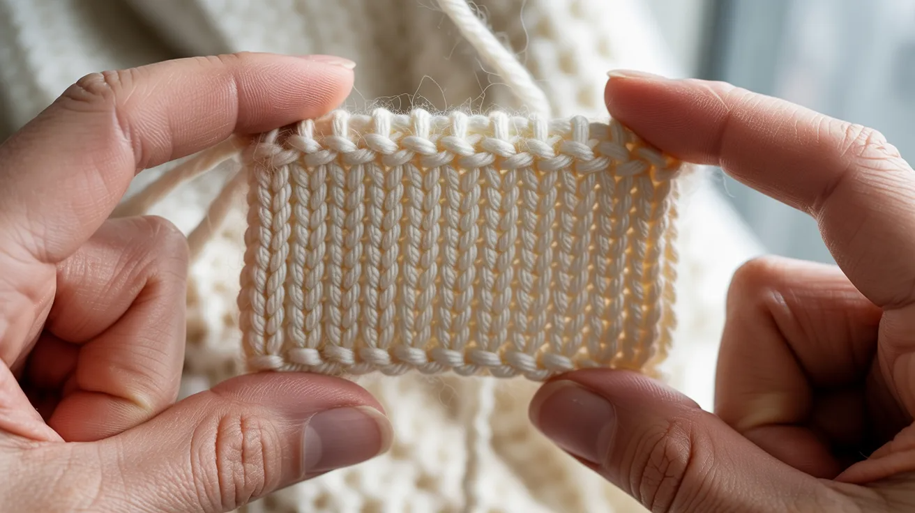 A close-up of a person grasping a piece of white knitting, highlighting the yarn's softness and craftsmanship.