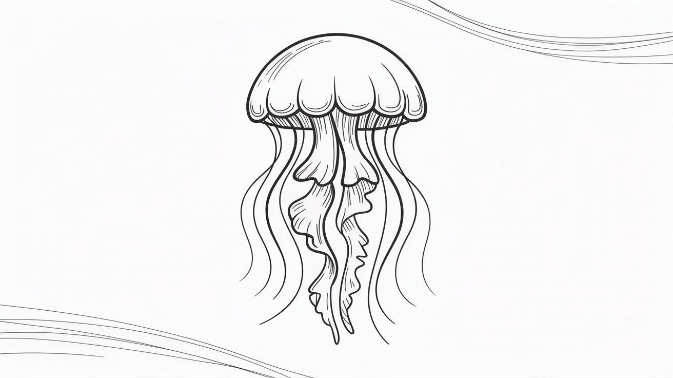 A black and white outline of a jellyfish, designed for coloring, featuring flowing tentacles and a rounded bell.