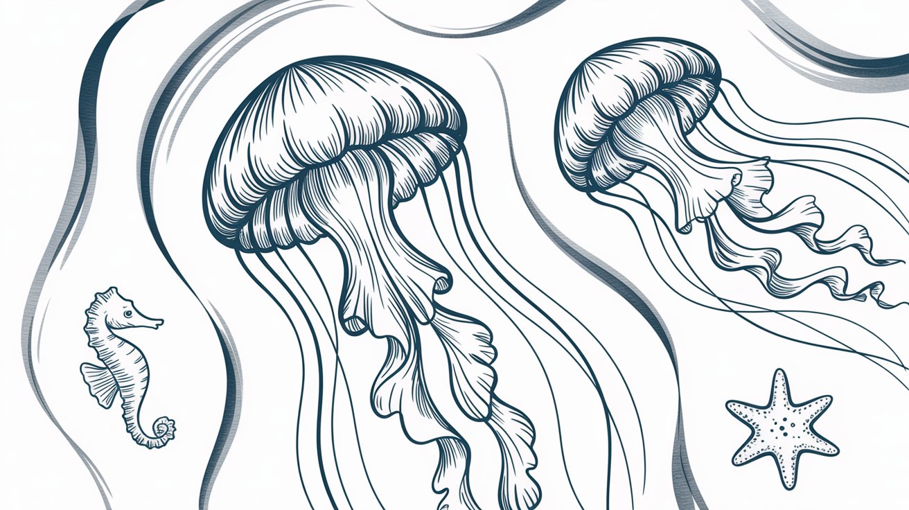 A colorful jellyfish floats alongside a delicate seahorse in the clear ocean waters.