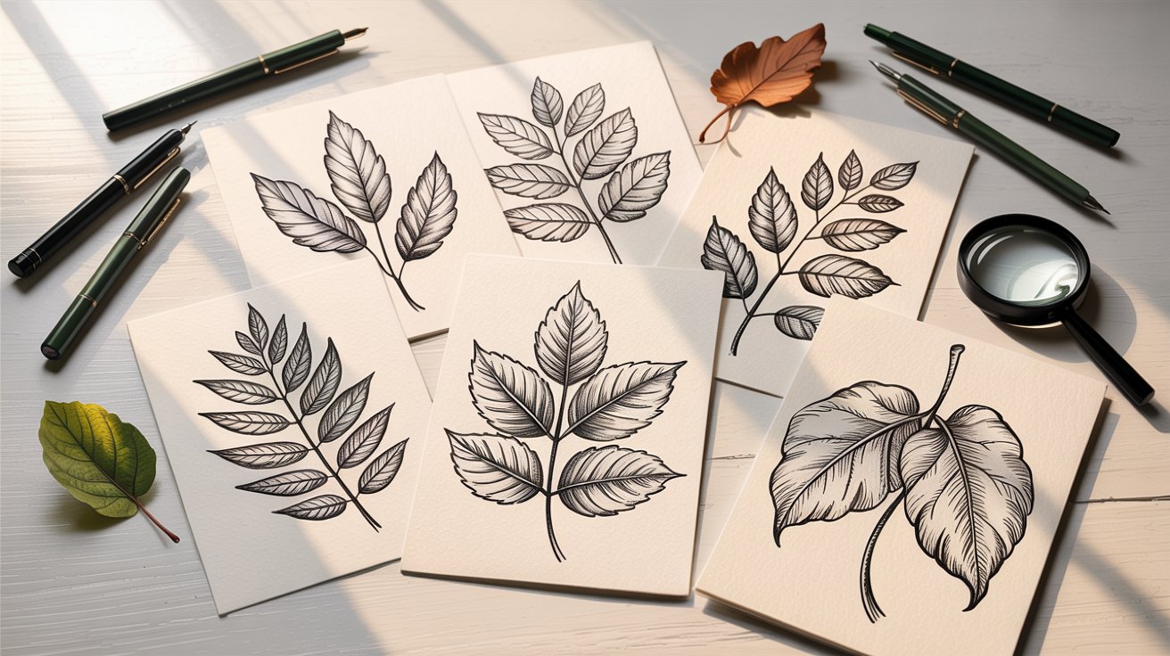 A collection of green leaves and colorful pens arranged on a wooden table surface.
