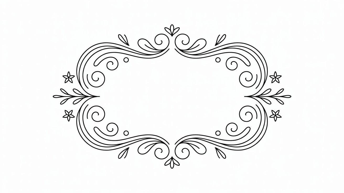 Black and white illustration of an ornate floral frame with intricate details surrounding the edges.