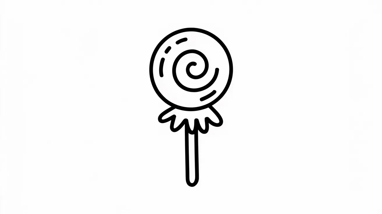 Black and white illustration of a lollipop with a round candy top and a stick, showcasing a simple, classic design.