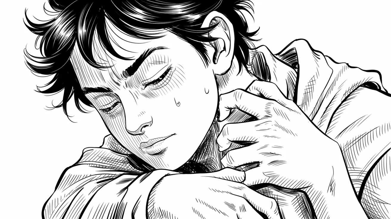 A black and white drawing of a boy resting his chin on his hand, deep in thought.