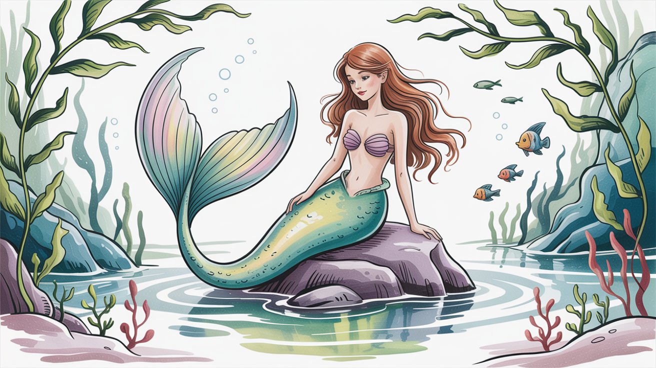 A mermaid sits gracefully on a rock, surrounded by the shimmering ocean waves.