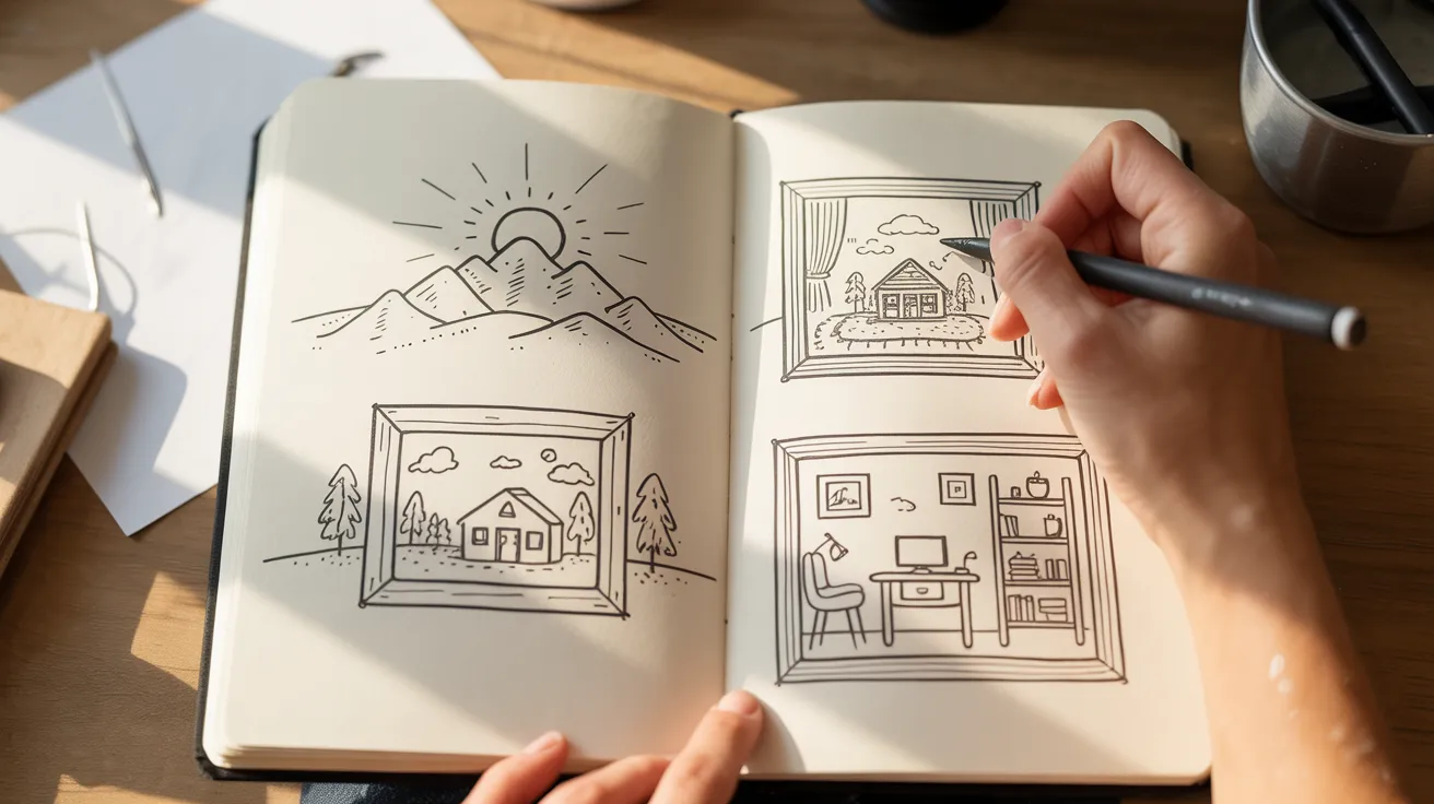 An individual is drawing in a notebook with a pen, concentrating on their artwork.