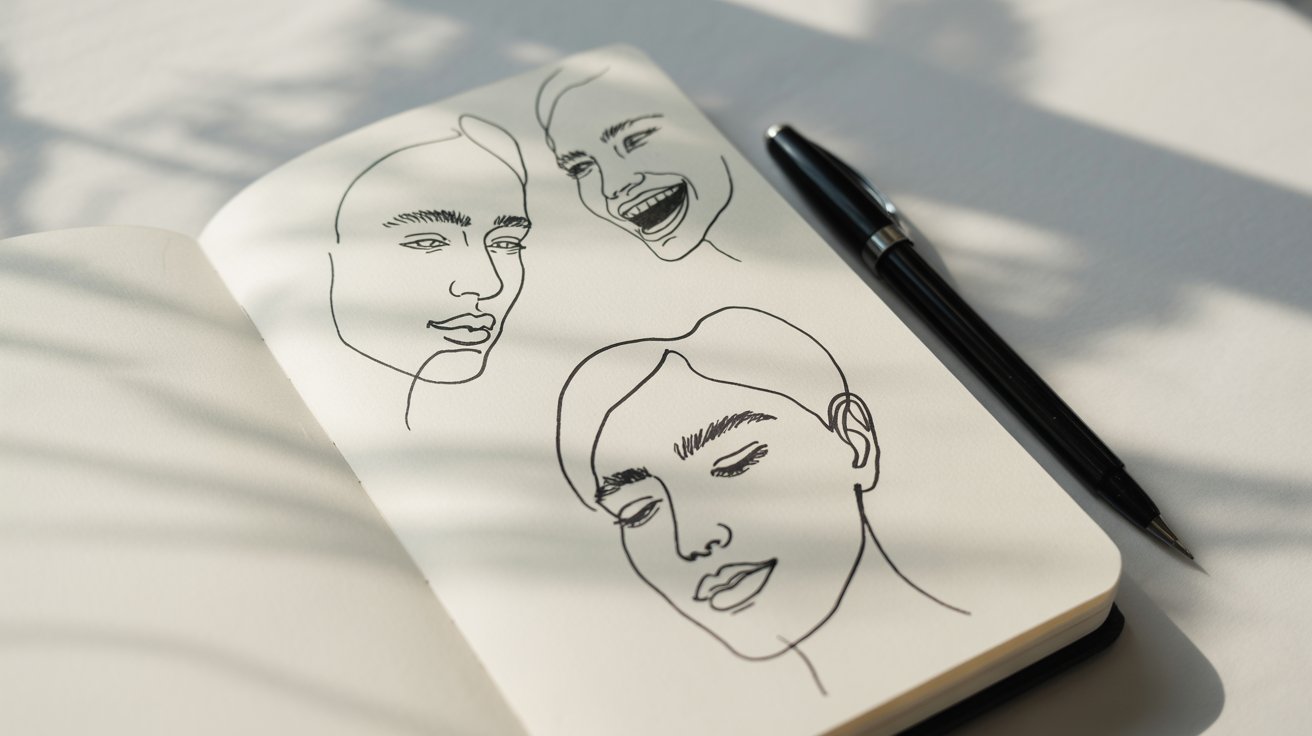 A notebook adorned with a sketch of a woman's face, showcasing artistic design.