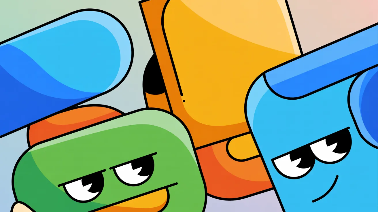 Cartoon character smiling while holding a smartphone in one hand and a tablet in the other, showcasing technology use.