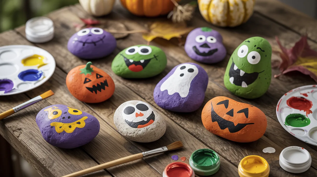 Colorful Halloween-themed rocks featuring painted faces and small pumpkins arranged together on a surface.