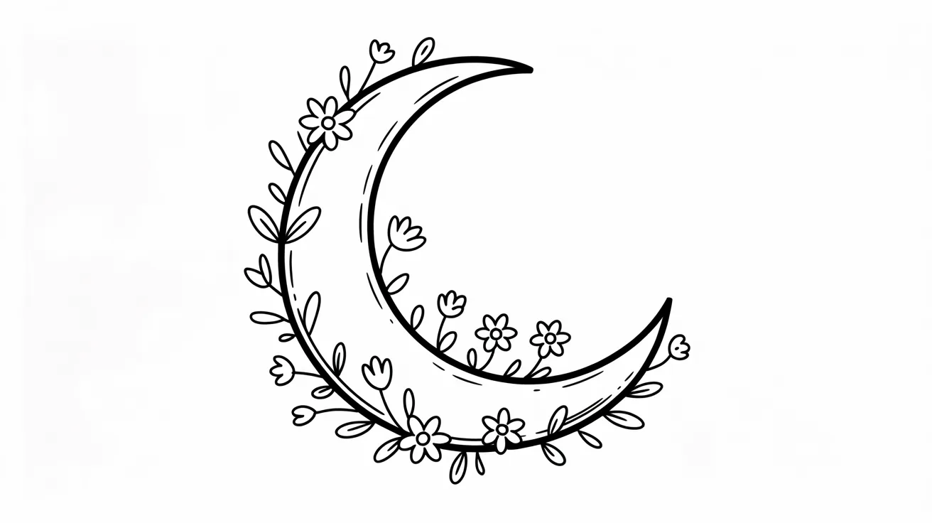 A drawing of a crescent moon adorned with colorful flowers, creating a whimsical and serene atmosphere.
