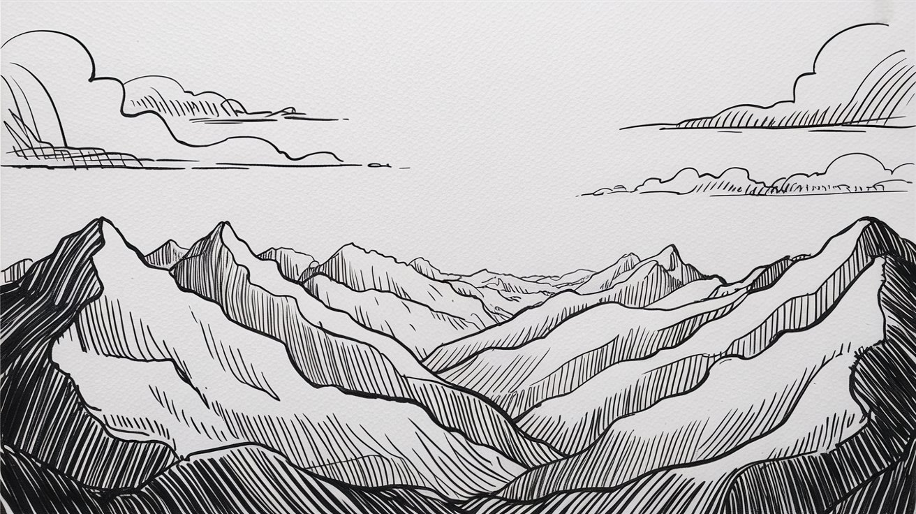 A drawing of mountains under a cloudy sky, showcasing the natural landscape and serene atmosphere.