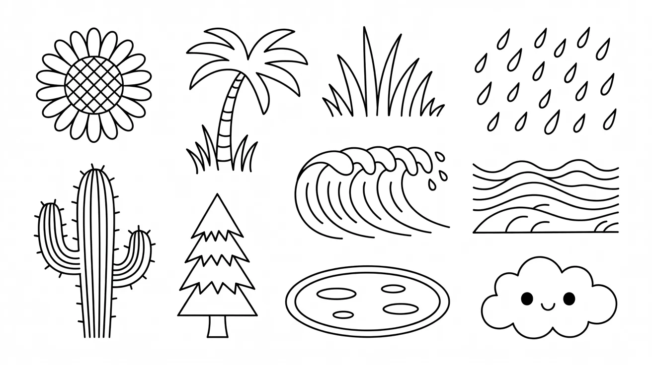 An assortment of different plant species and animals arranged in a vibrant, natural environment.