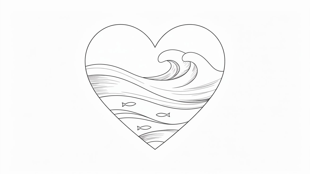 An artistic heart shape filled with waves and a fish, symbolizing love and nature.
