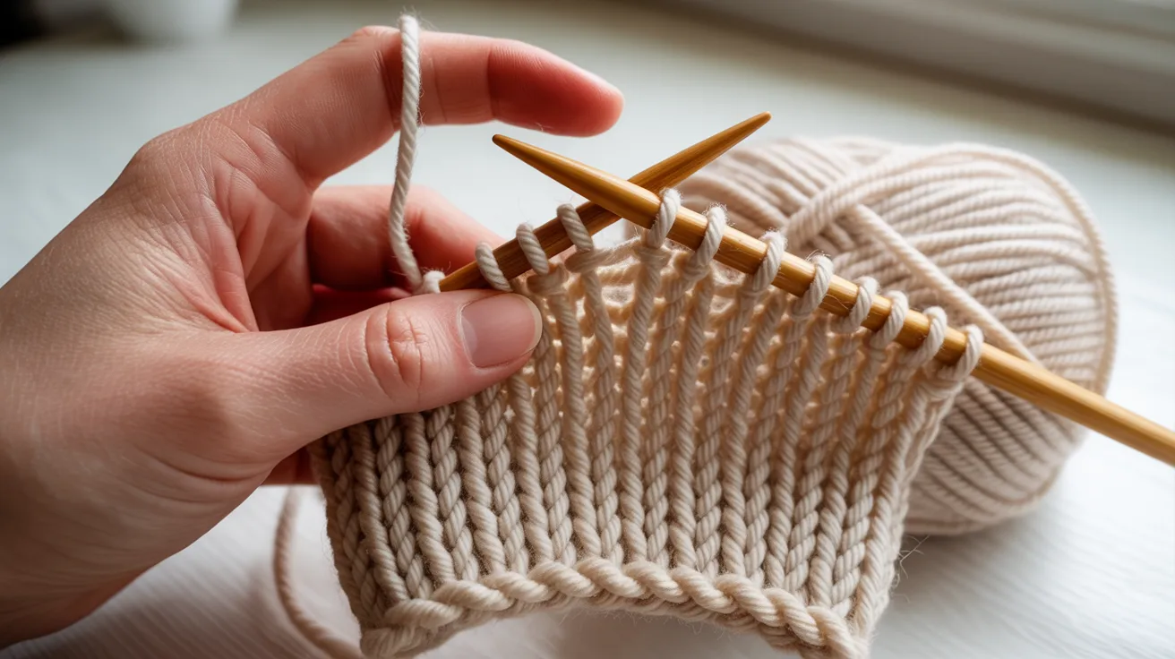 A person focused on knitting with a needle, creating a colorful pattern with yarn in their hands.