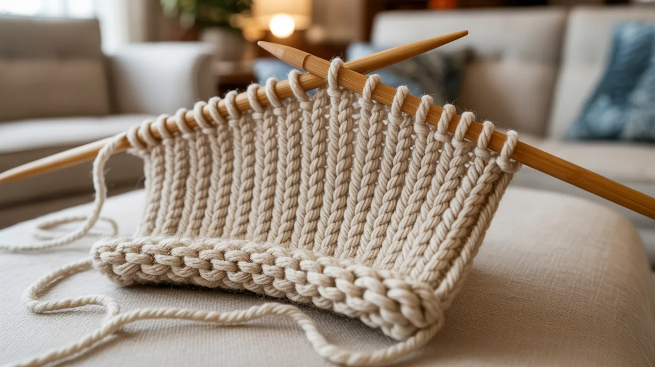 A cozy knitting hat accompanied by two wooden knitting needles resting beside it.