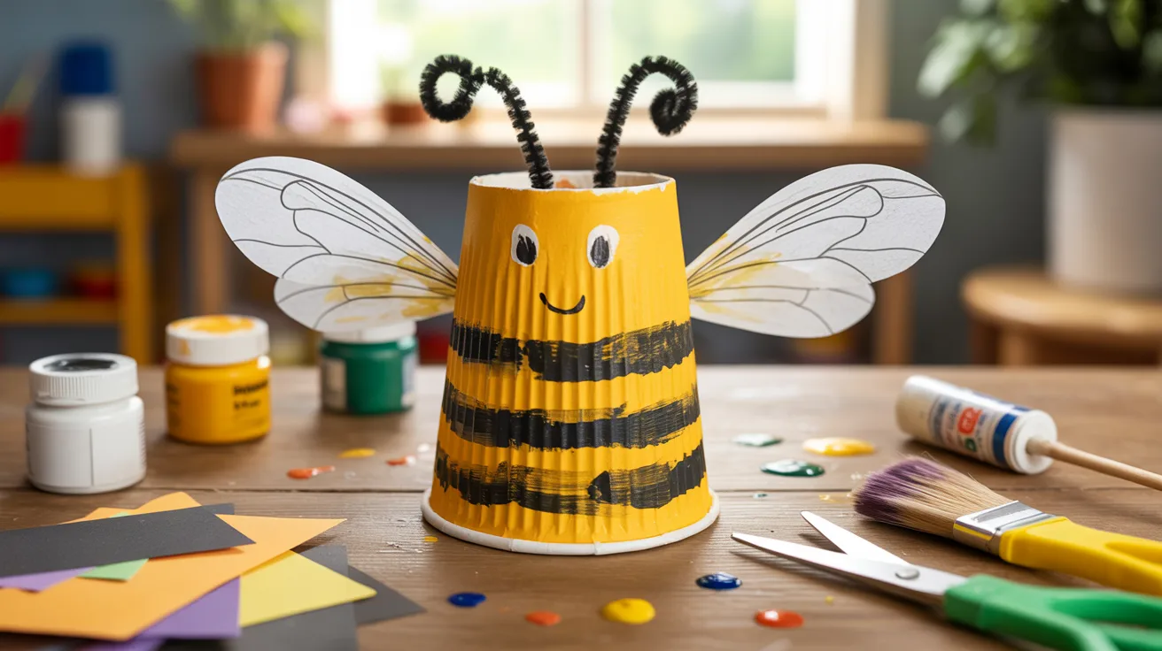 A paper cup bee craft displayed alongside a glue gun and scissors on a table, showcasing crafting materials and tools.