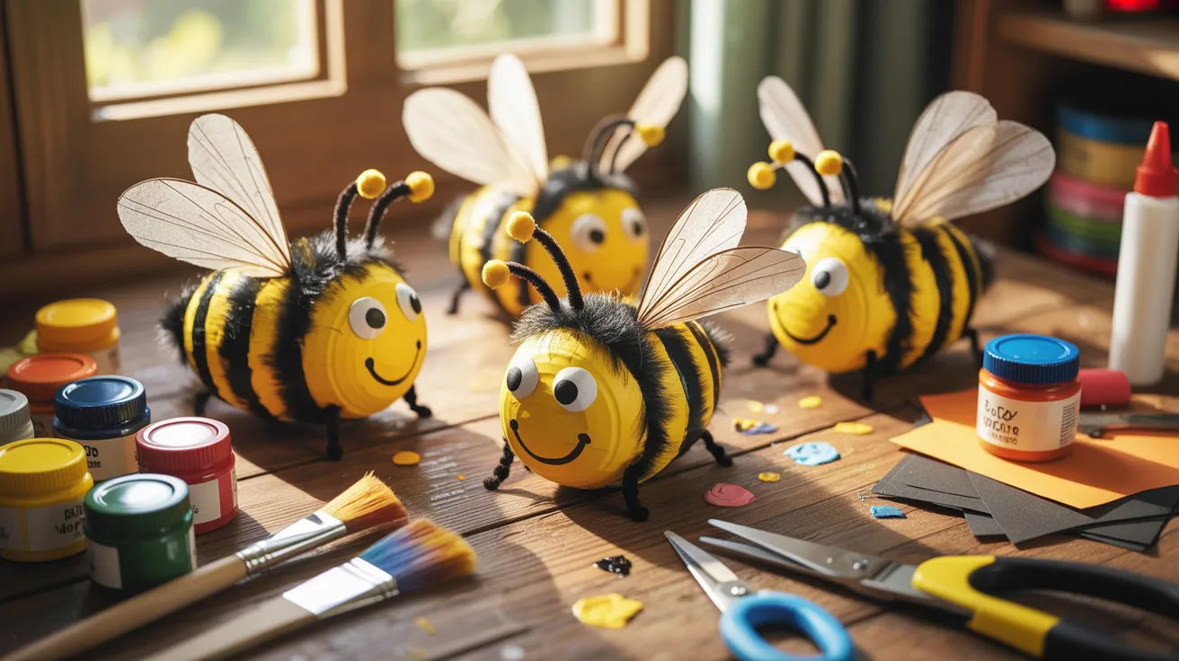 Three bees rest on a table surrounded by various craft supplies, showcasing a creative and lively atmosphere.