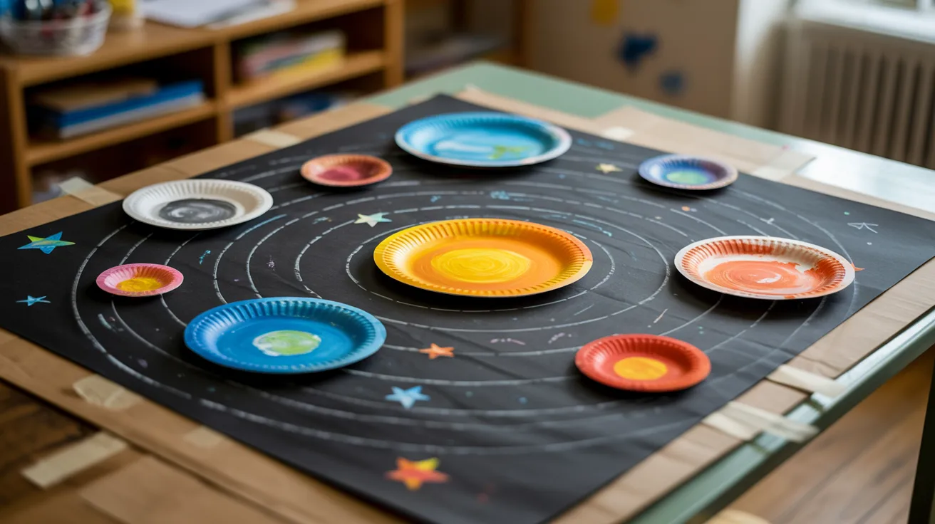 A table set with colorful paper plates and decorative planets arranged on top, creating a festive atmosphere.